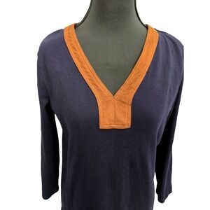 Lauren Ralph Lauren Navy V-Neck Tunic Top M Suede Trim‎ Preppy Classic Chic